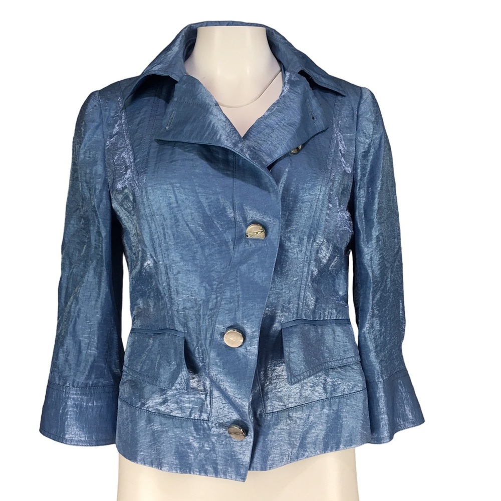 Per Se Linen Blend Jacket Asymmetric Button  Shiny Blue Silver Buttons US 4  UK6